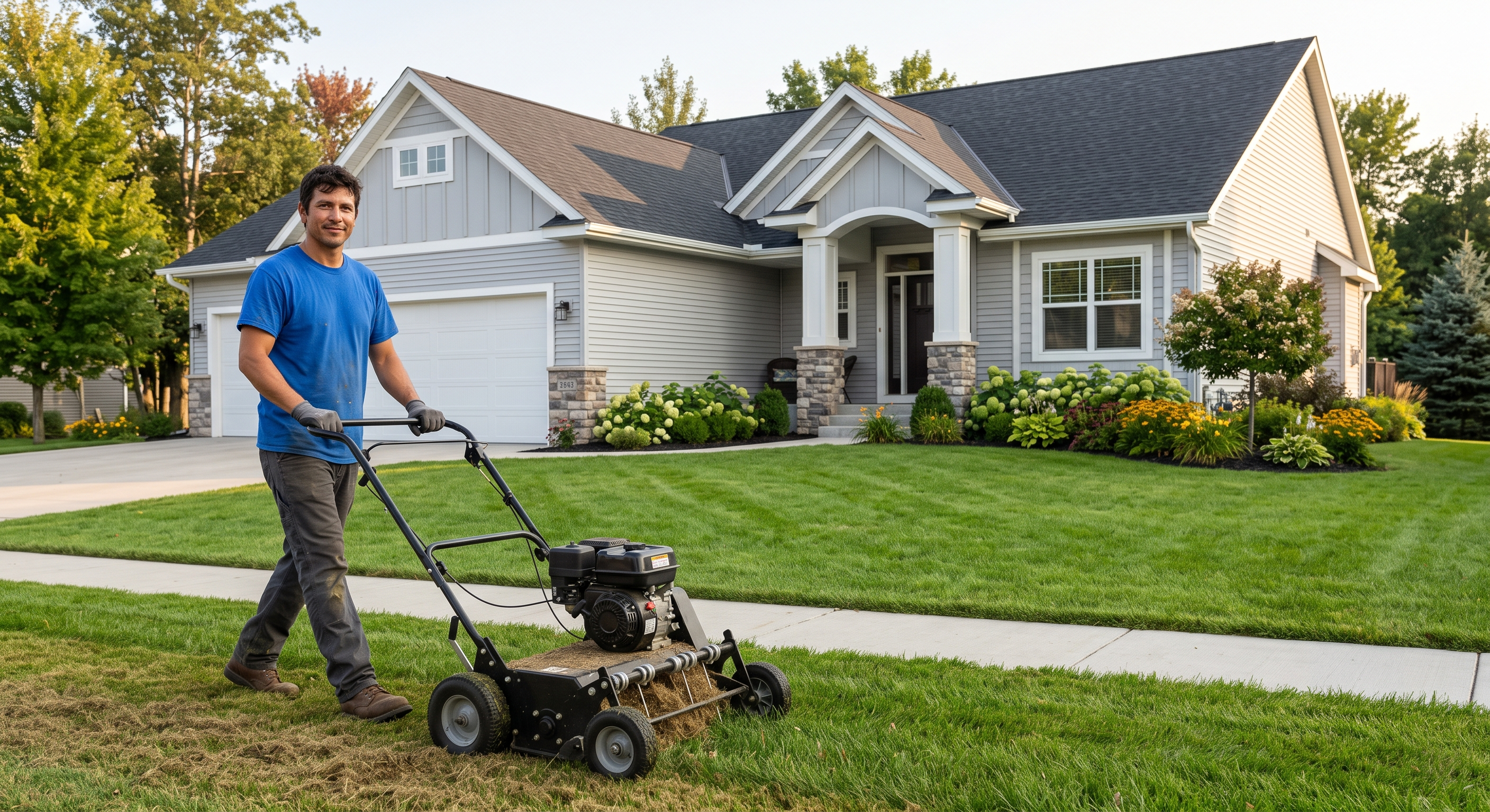Power raking service for lawn thatch removal